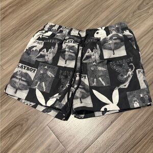 PLAYBOY Black and White Graphic Men Swimming Shorts